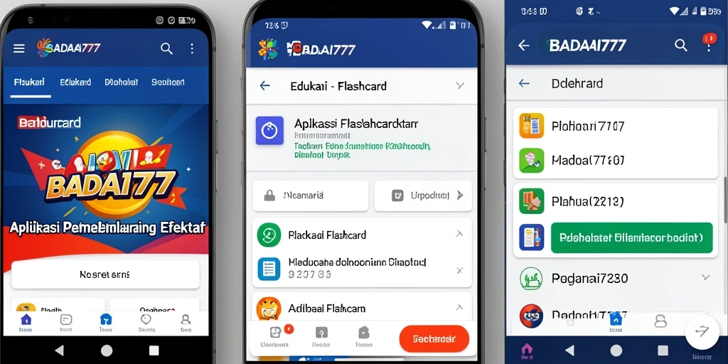 Tampilan antarmuka aplikasi BADAI777 dengan fitur flashcard.