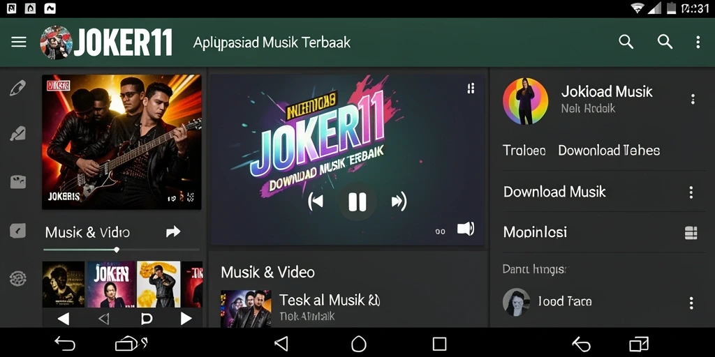 Screenshot utama aplikasi JOKER11 menampilkan antarmuka Download Musik yang sederhana dan menarik.