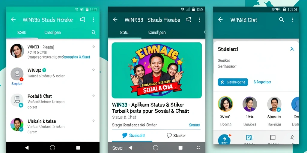 Antarmuka aplikasi WIN33 dengan berbagai stiker menarik untuk chat.